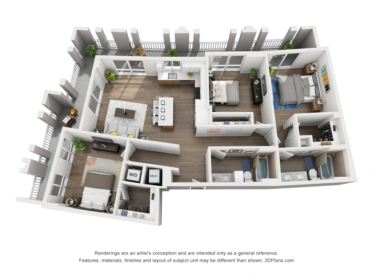 Floor plan for 3 beds, 2 baths, 1365 sqft